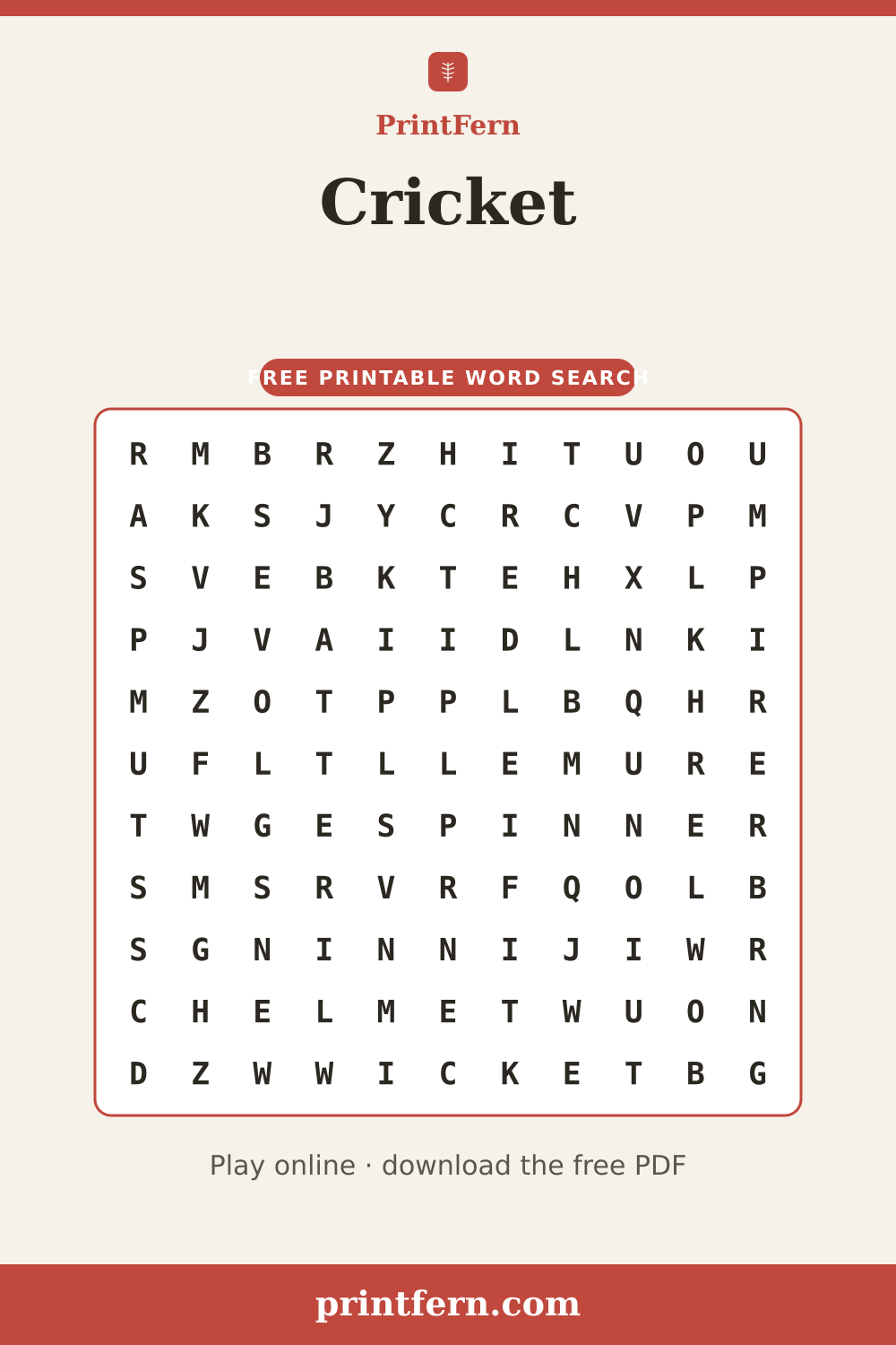 Cricket Word Search, free printable PDF preview