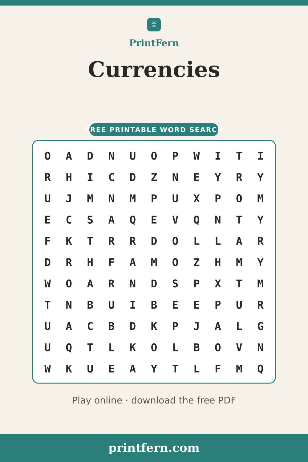Currencies Word Search, free printable PDF preview