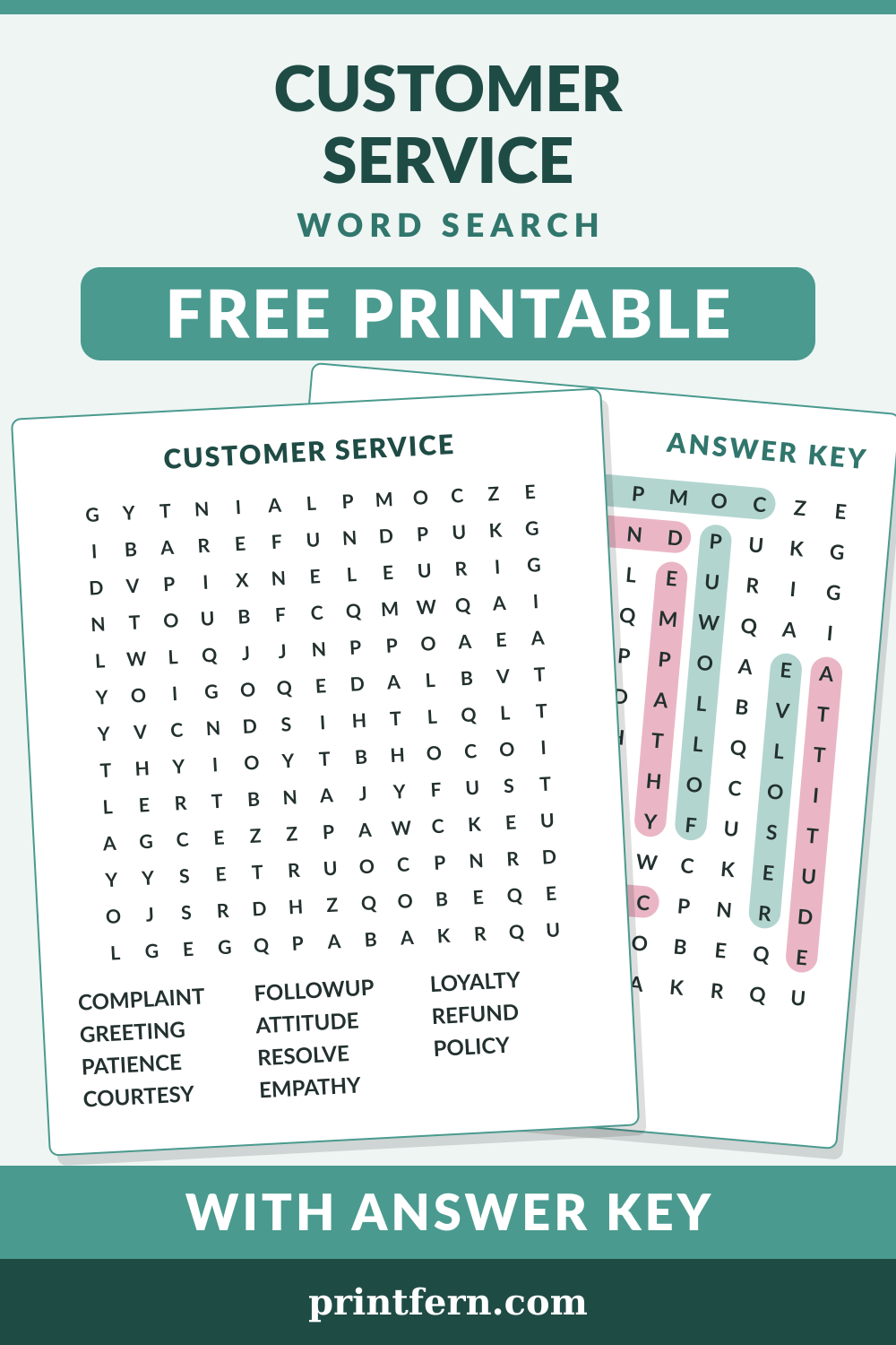 Customer Service Word Search, free printable PDF preview