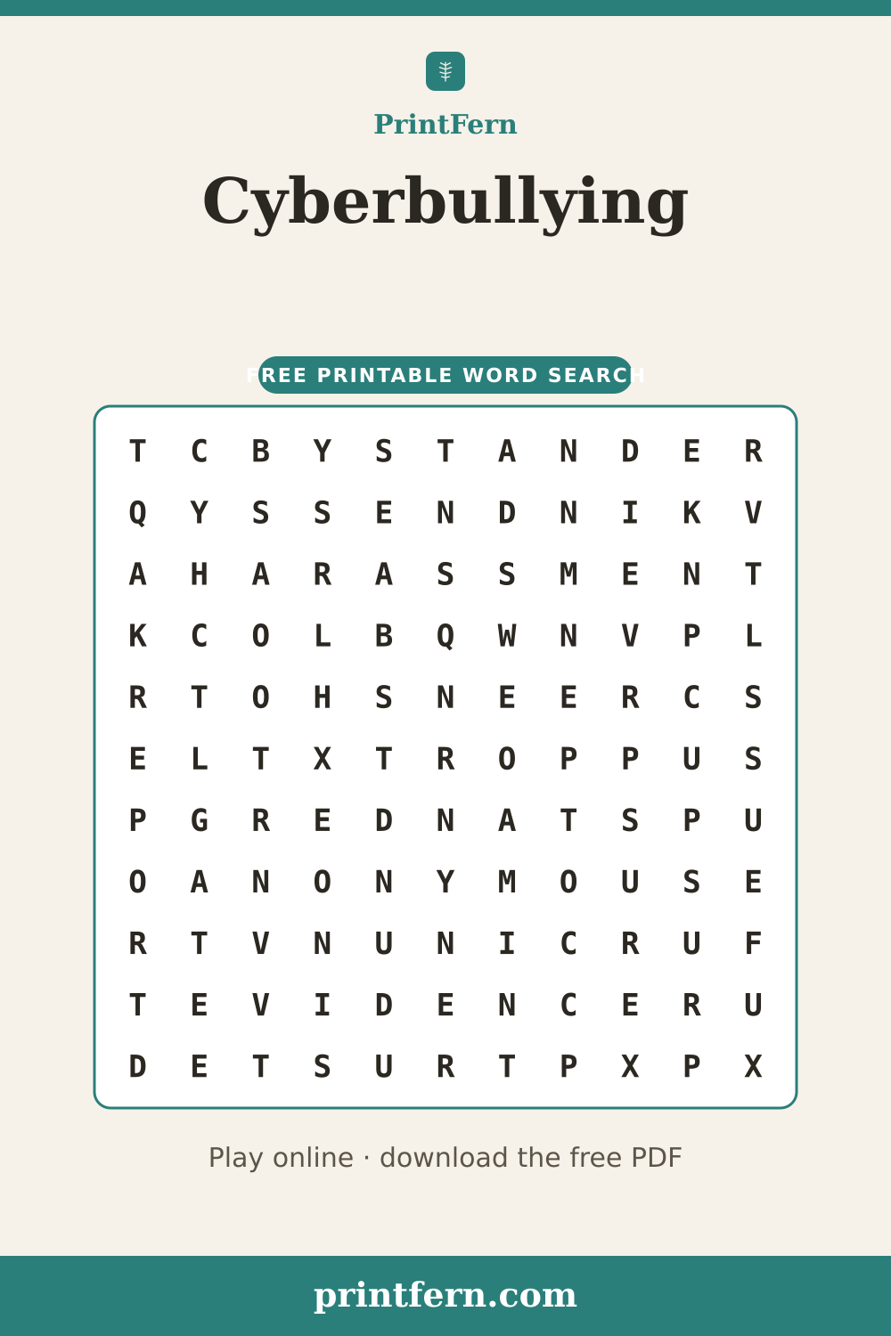 Cyberbullying Word Search, free printable PDF preview