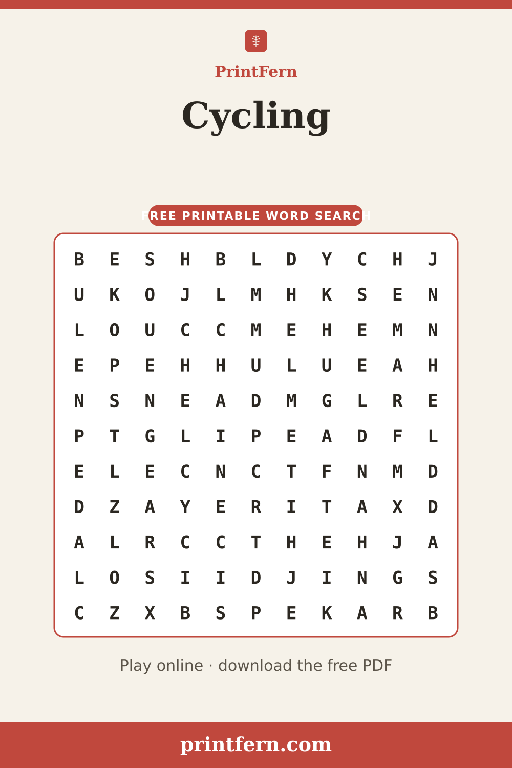 Cycling Word Search, free printable PDF preview