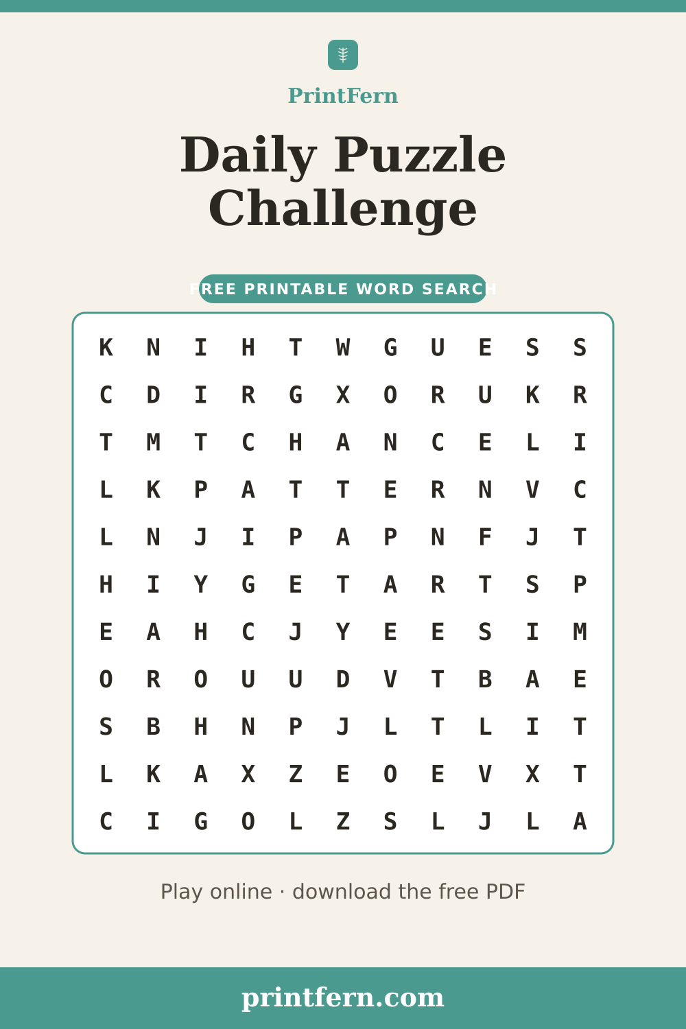 Daily Puzzle Challenge Word Search, free printable PDF preview