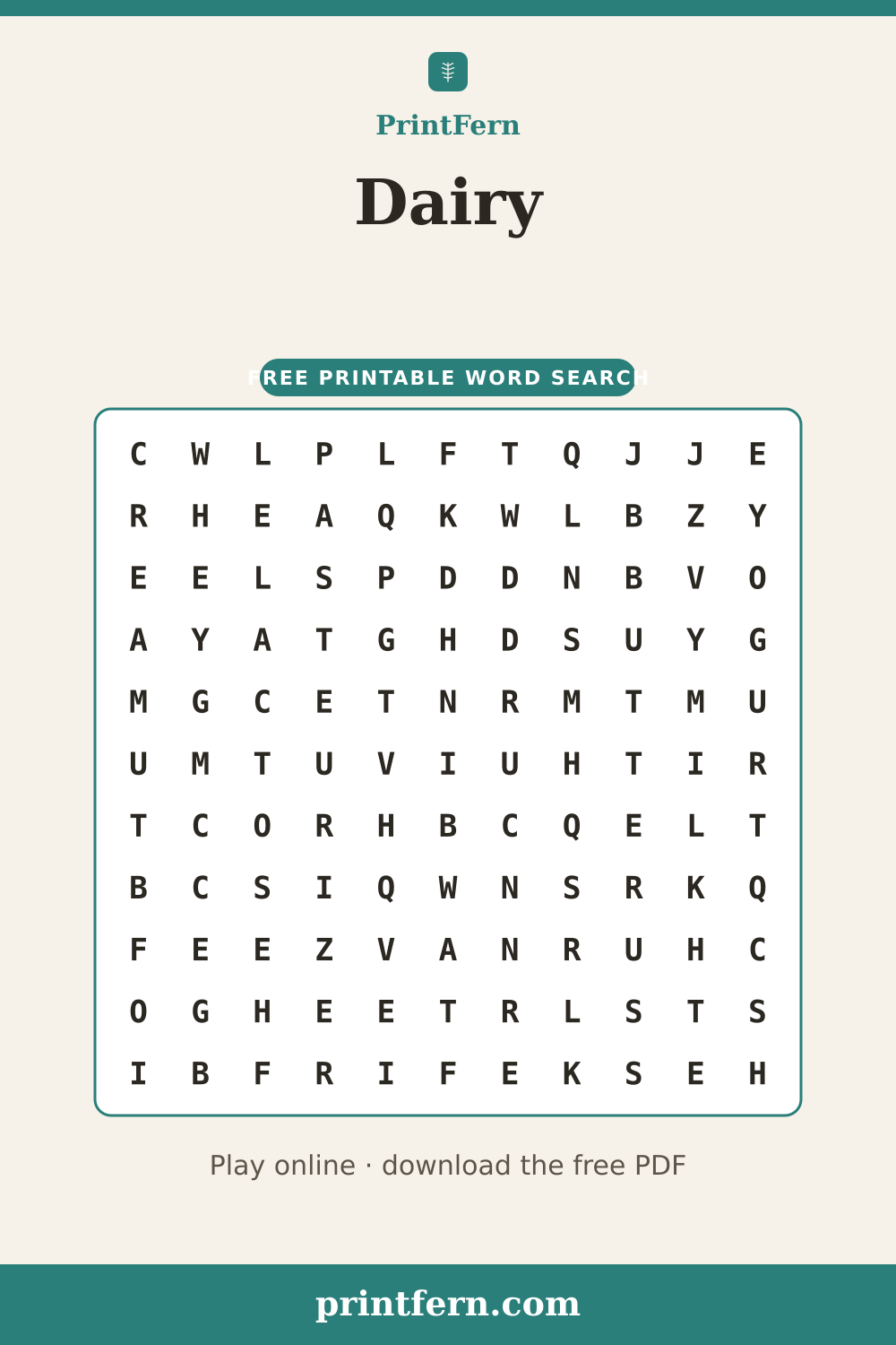 Dairy Word Search, free printable PDF preview