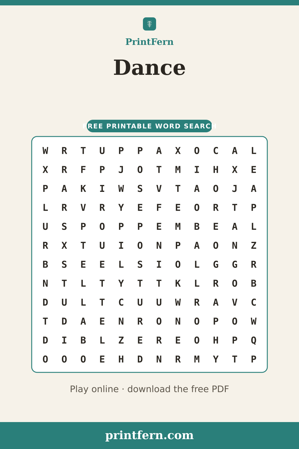 Dance Word Search, free printable PDF preview