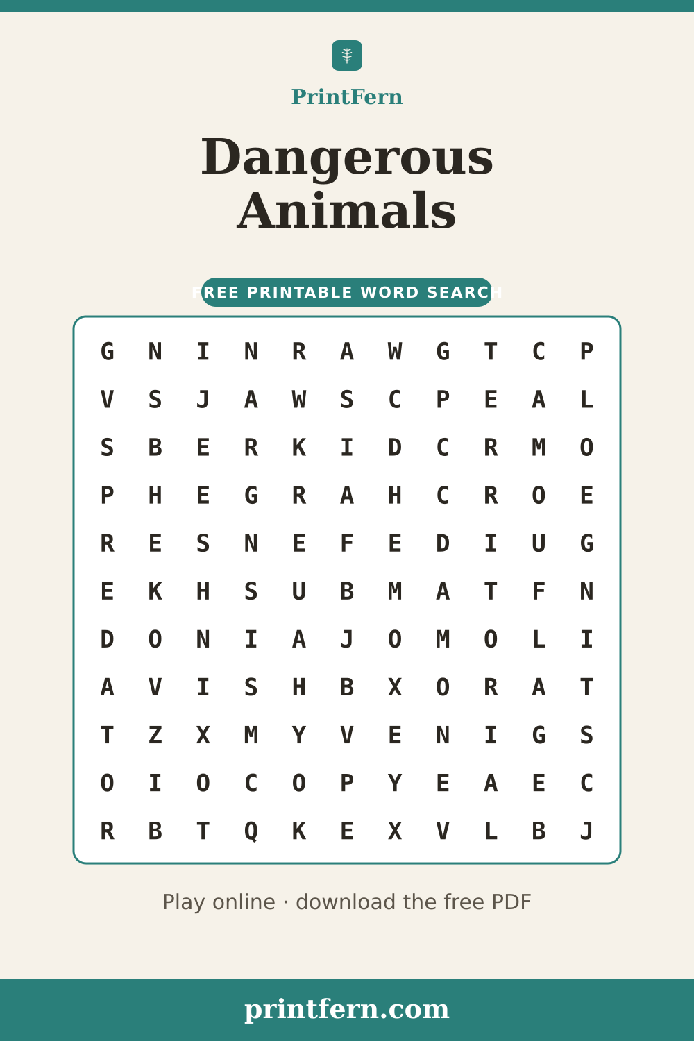 Dangerous Animals Word Search, free printable PDF preview