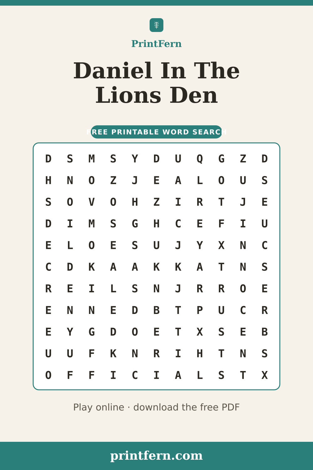 Daniel In The Lions Den Word Search, free printable PDF preview