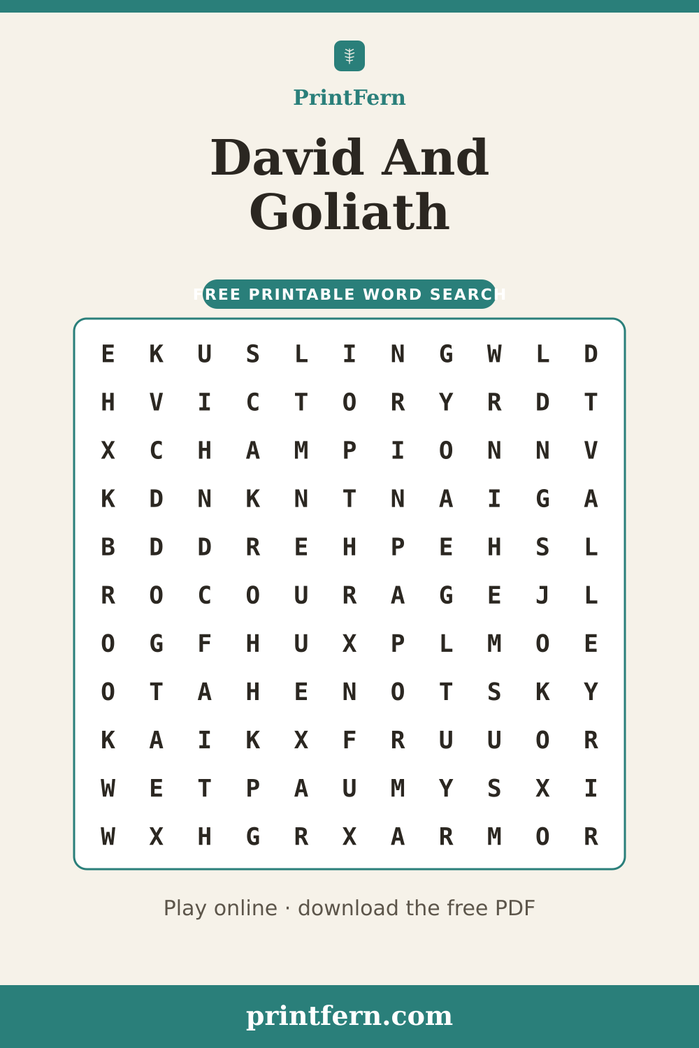David And Goliath Word Search, free printable PDF preview