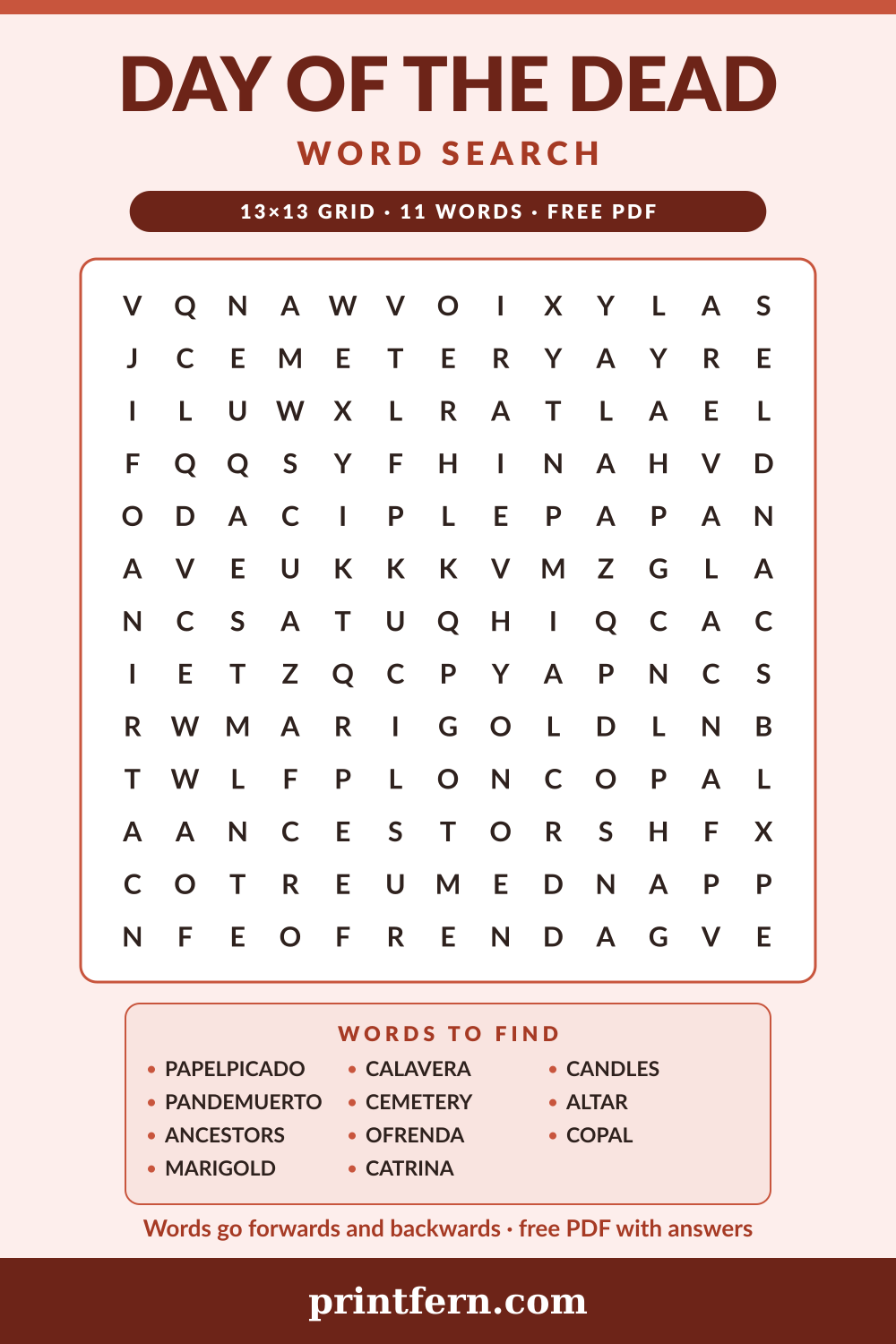 Day of the Dead Word Search, free printable PDF preview