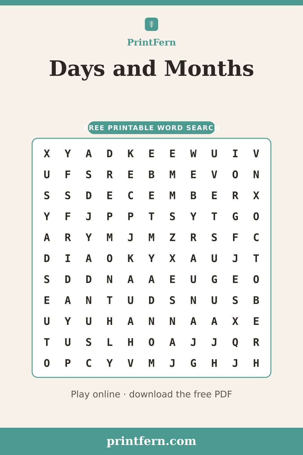 Days and Months Word Search, free printable PDF preview