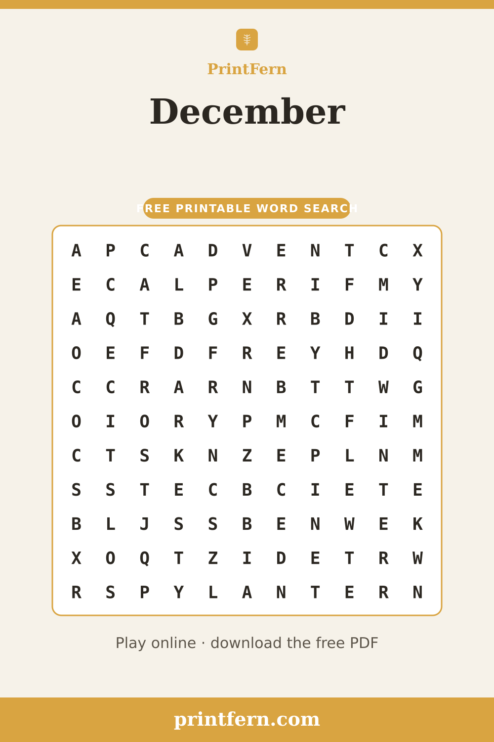 December Word Search, free printable PDF preview
