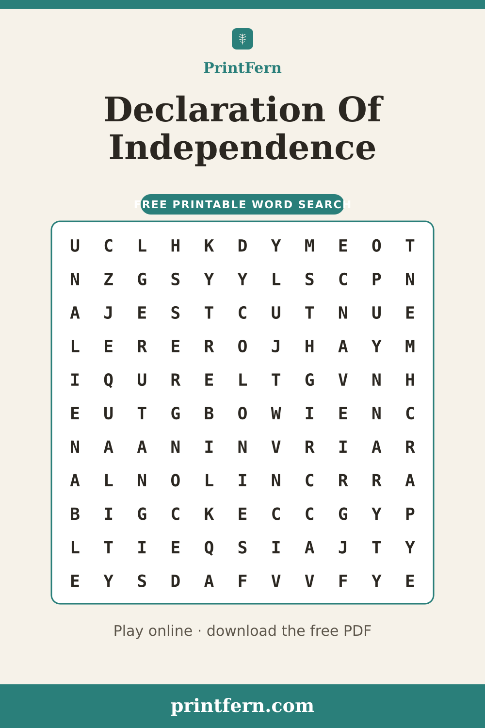 Declaration Of Independence Word Search, free printable PDF preview