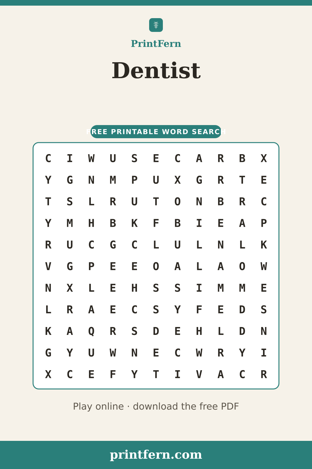 Dentist Word Search, free printable PDF preview
