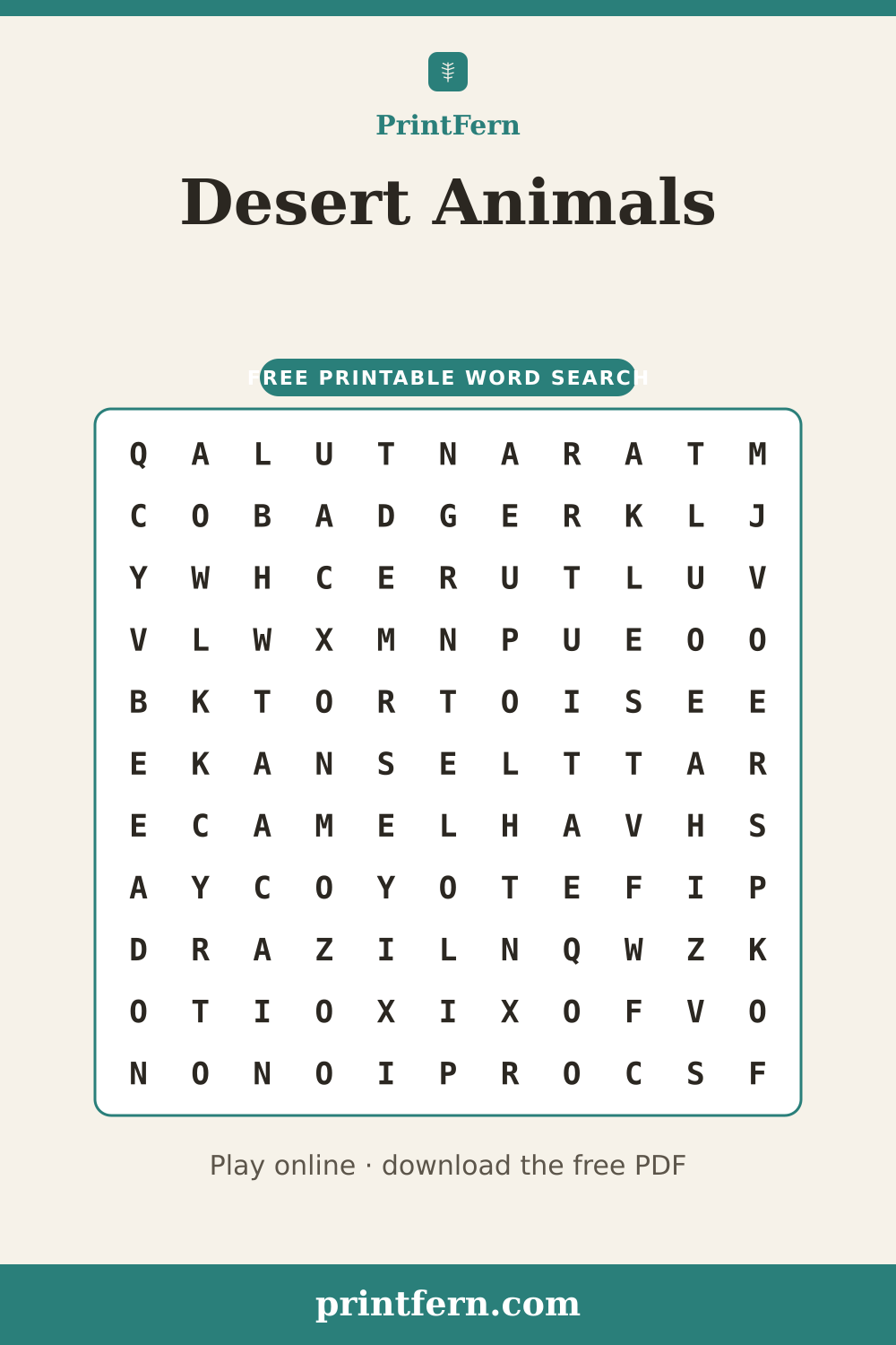 Desert Animals Word Search, free printable PDF preview