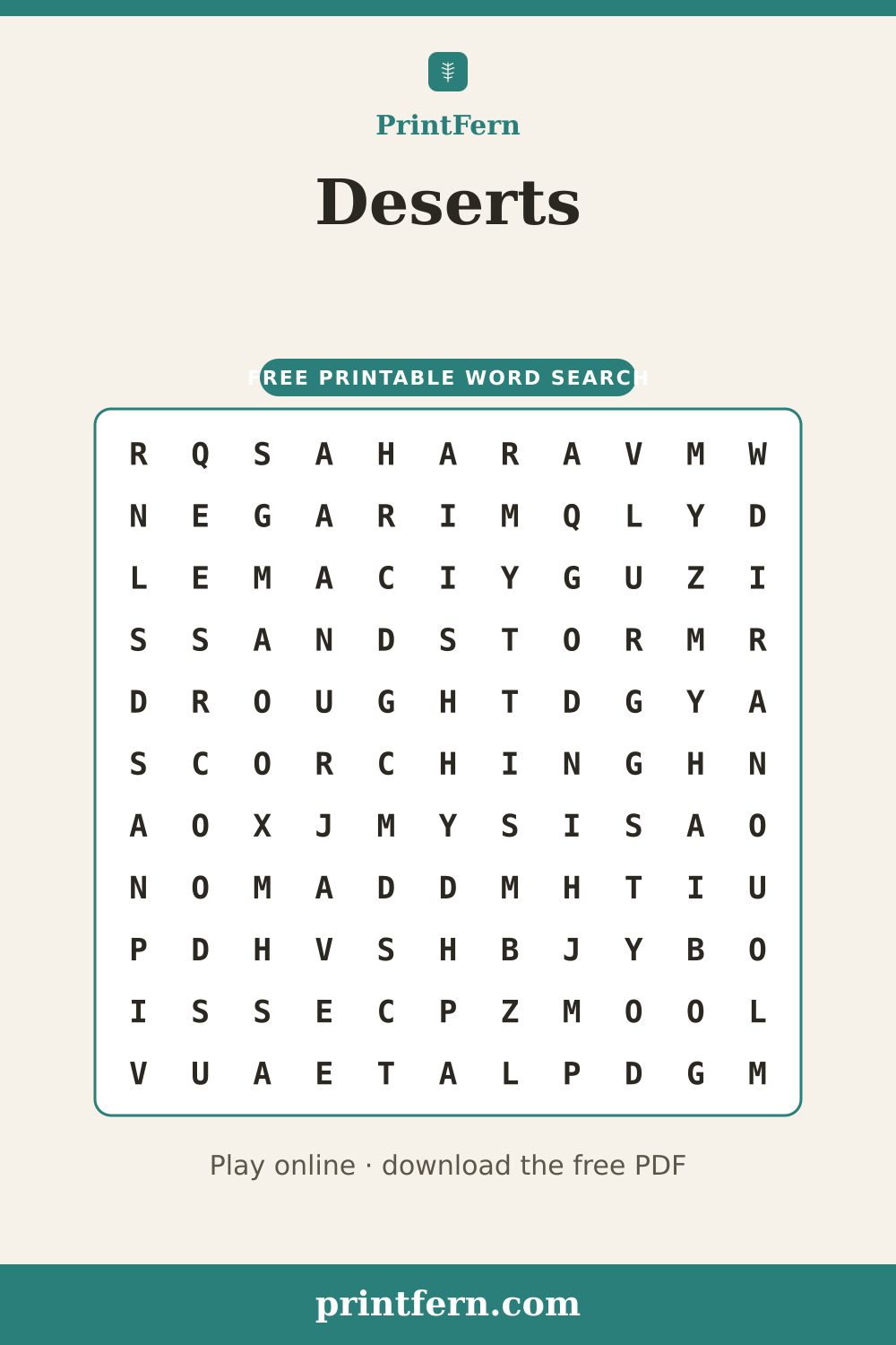 Deserts Word Search, free printable PDF preview