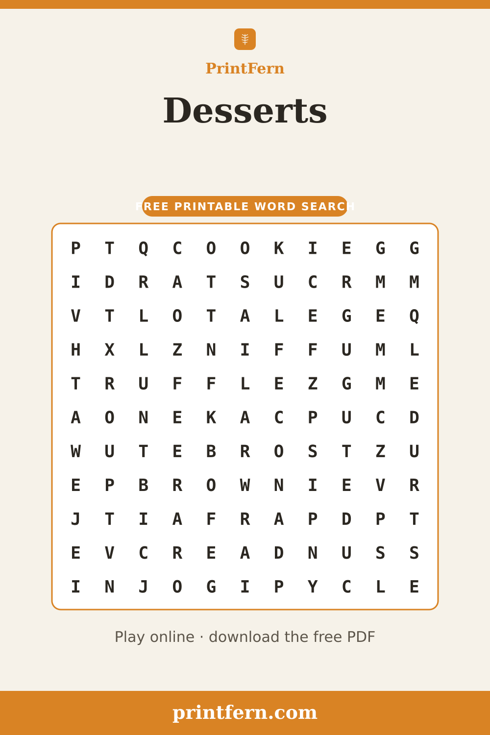 Desserts Word Search, free printable PDF preview