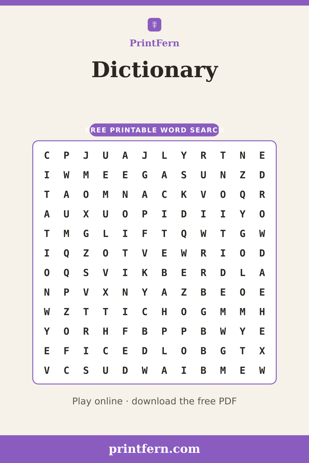 Dictionary Word Search, free printable PDF preview