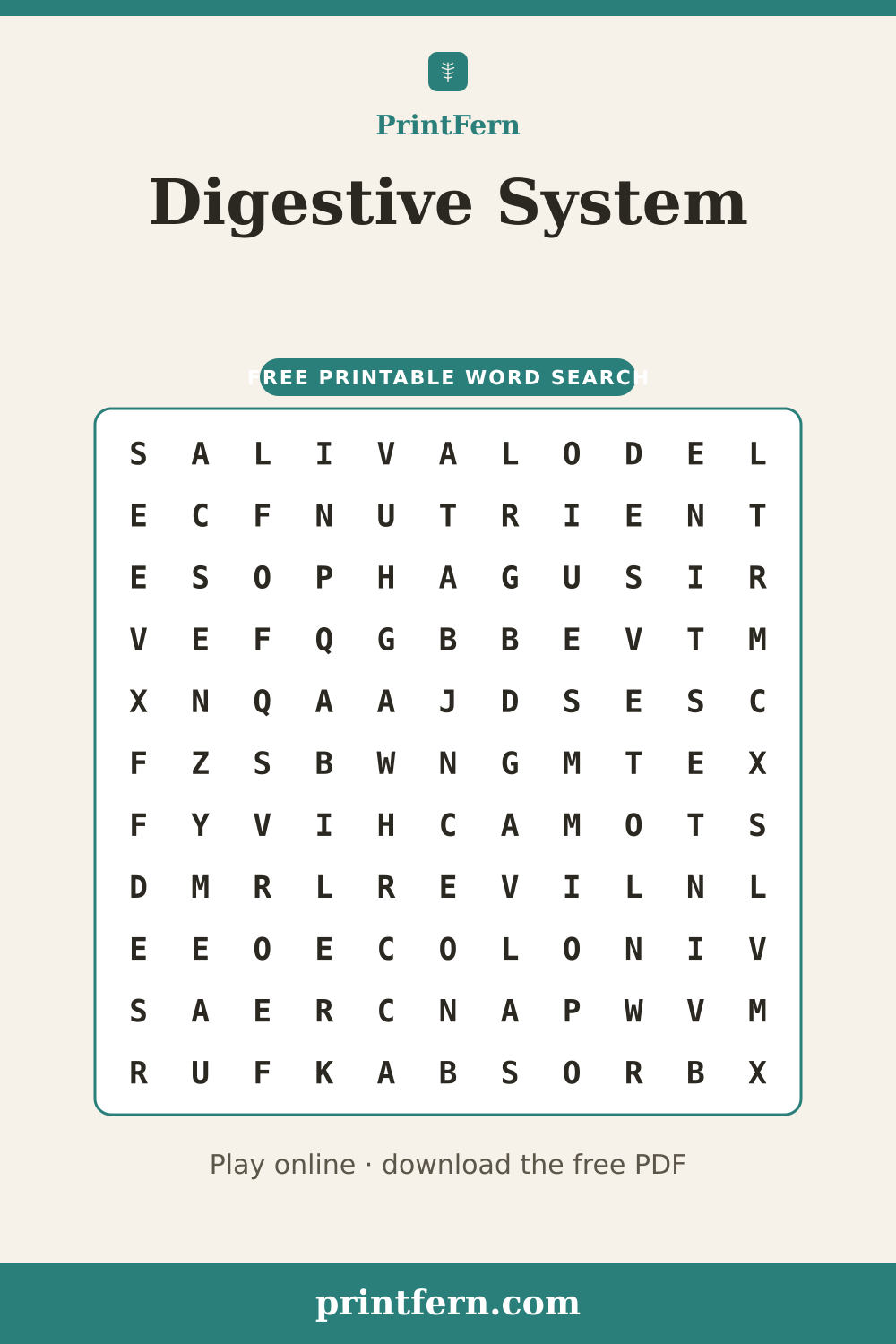 Digestive System Word Search, free printable PDF preview