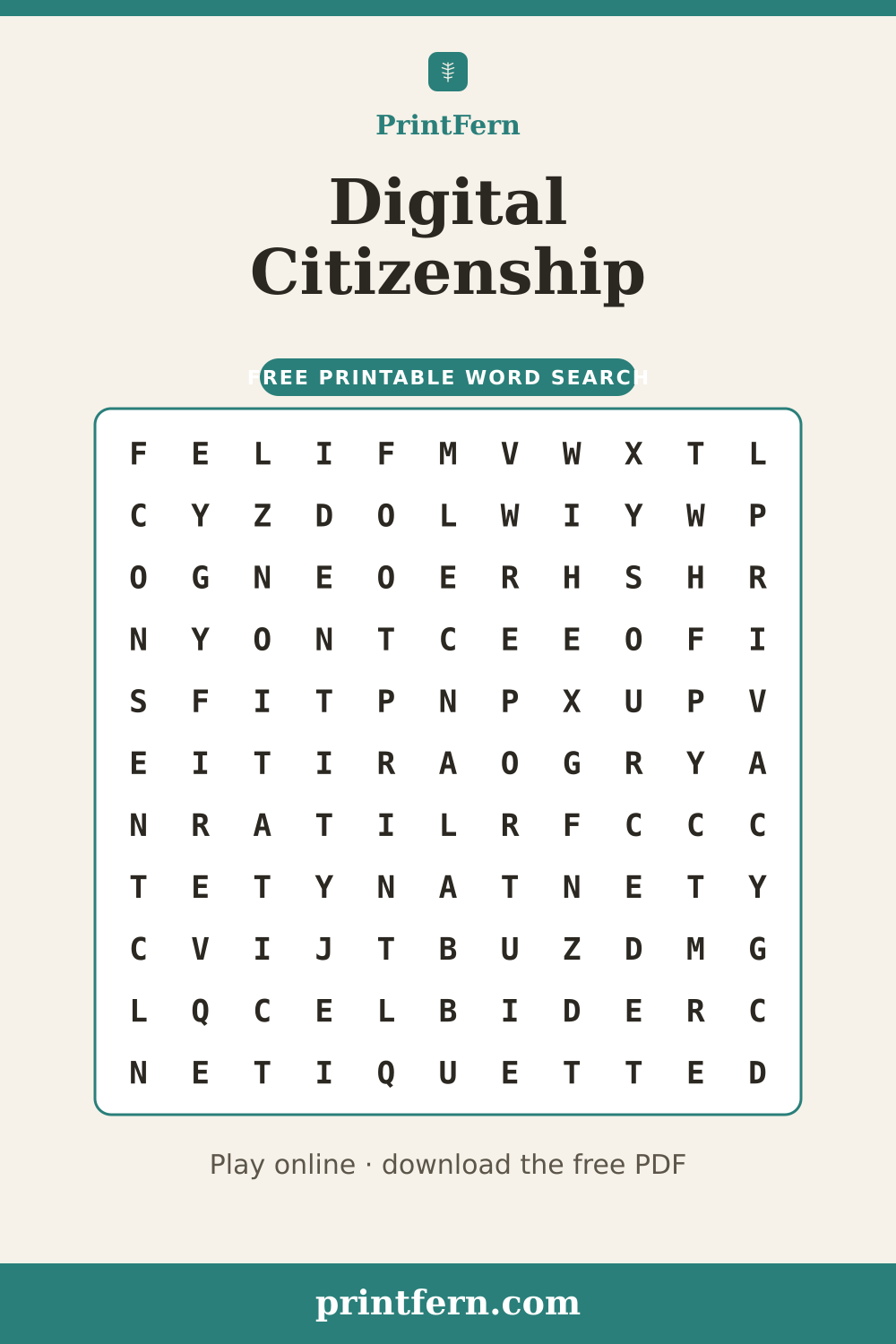 Digital Citizenship Word Search, free printable PDF preview