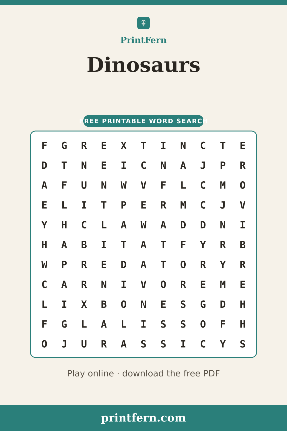 Dinosaurs Word Search, free printable PDF preview