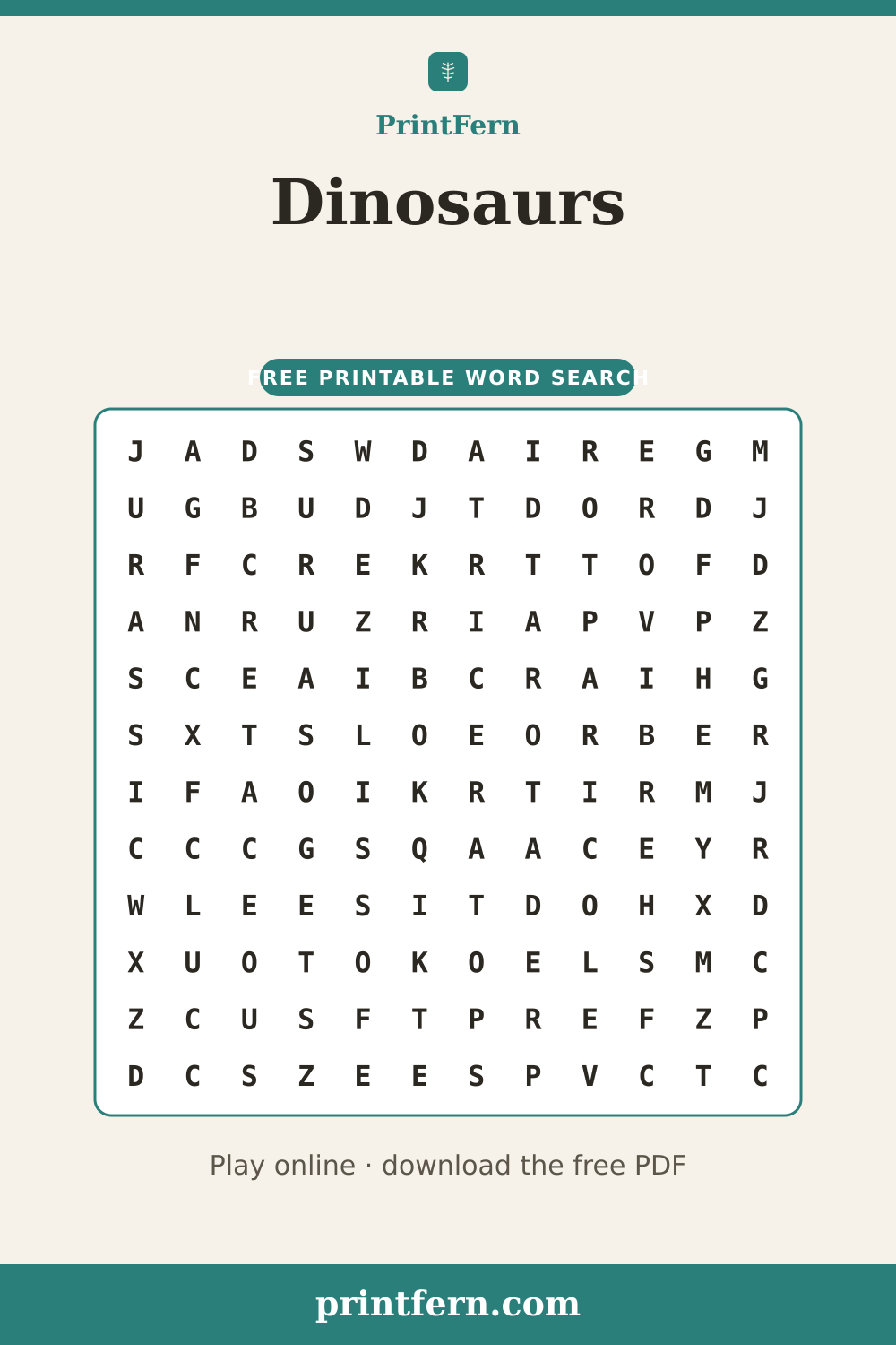 Dinosaurs Word Search, free printable PDF preview
