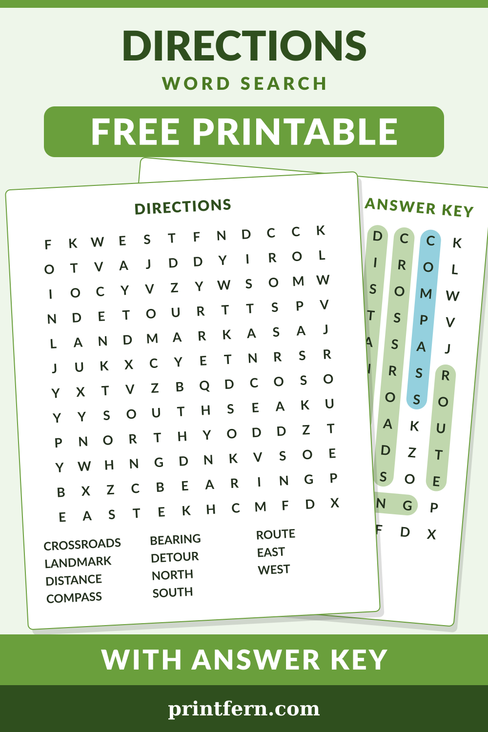Directions Word Search, free printable PDF preview