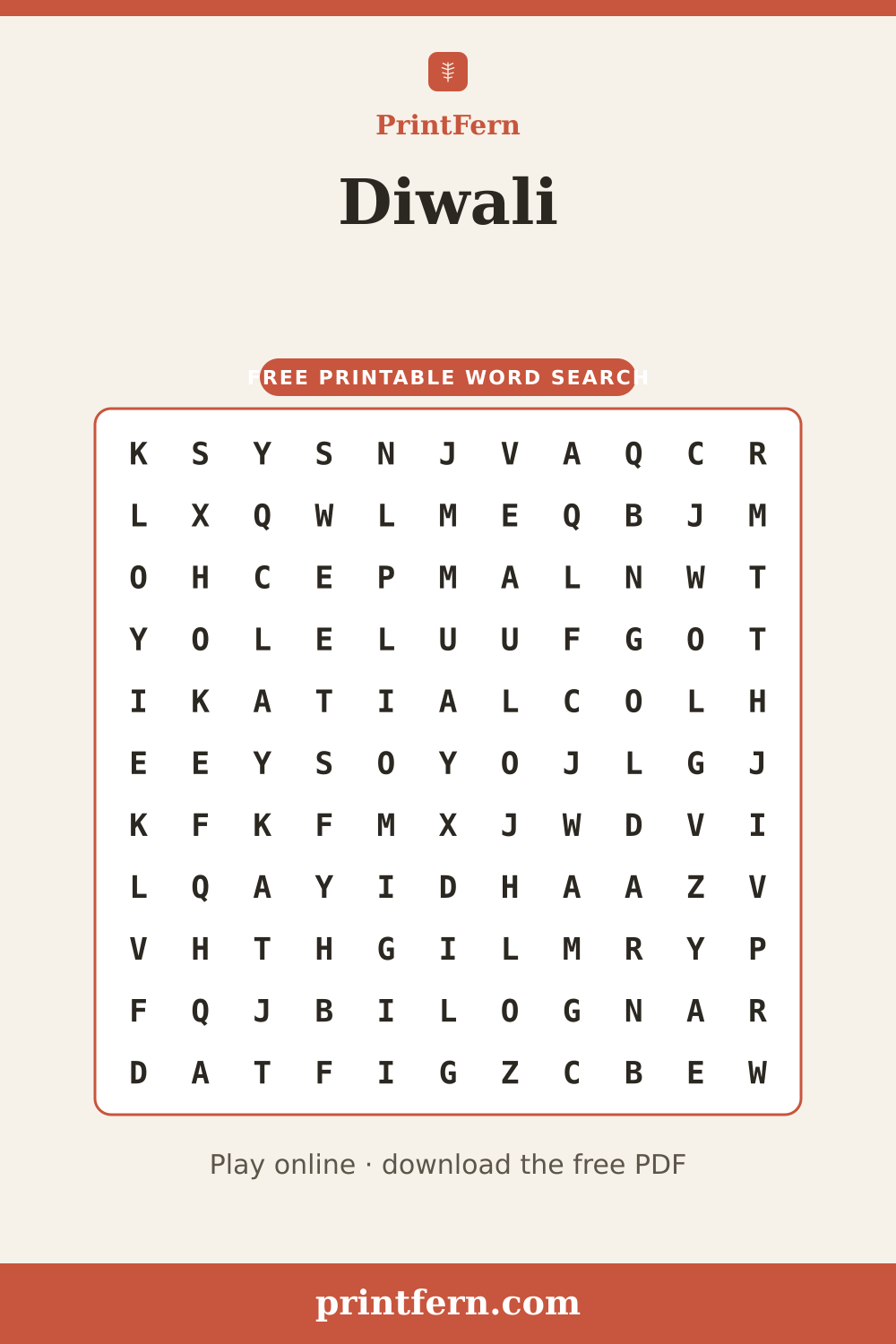 Diwali Word Search, free printable PDF preview