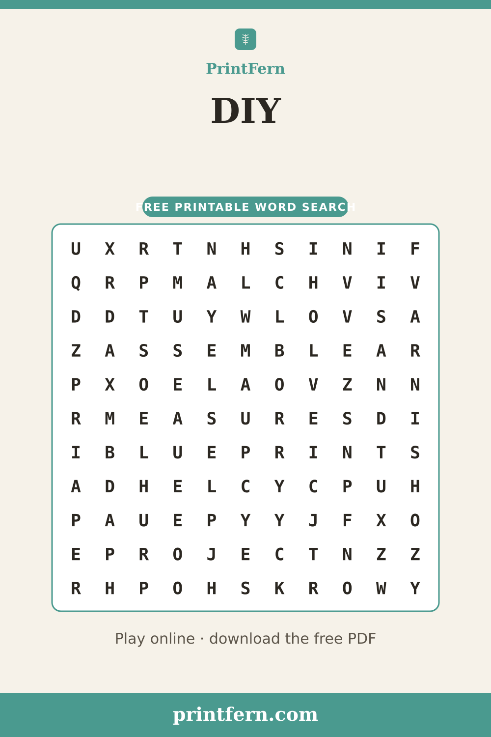 DIY Word Search, free printable PDF preview
