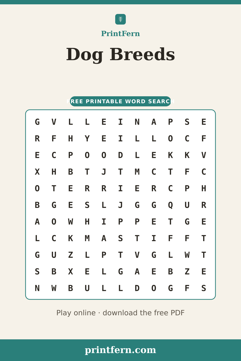 Dog Breeds Word Search, free printable PDF preview