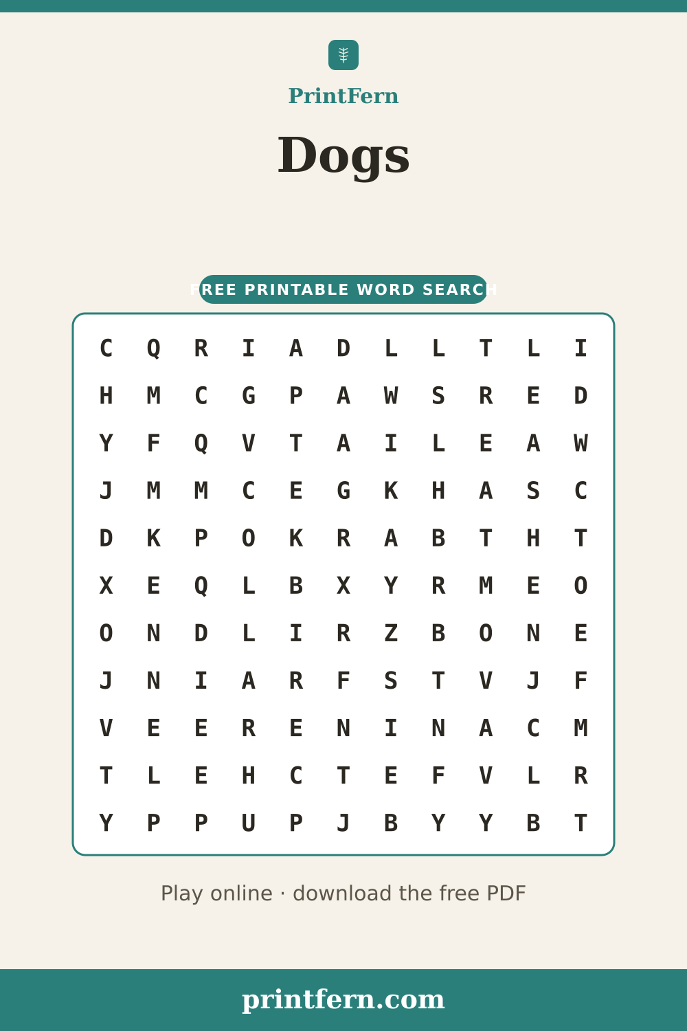 Dogs Word Search, free printable PDF preview