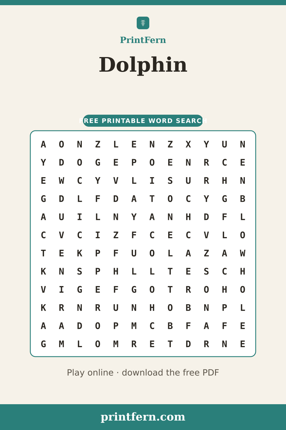 Dolphin Word Search, free printable PDF preview