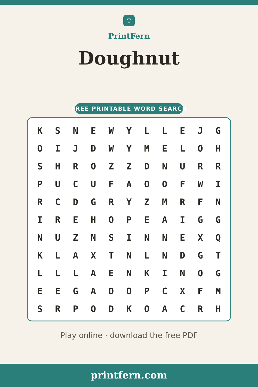 Doughnut Word Search, free printable PDF preview