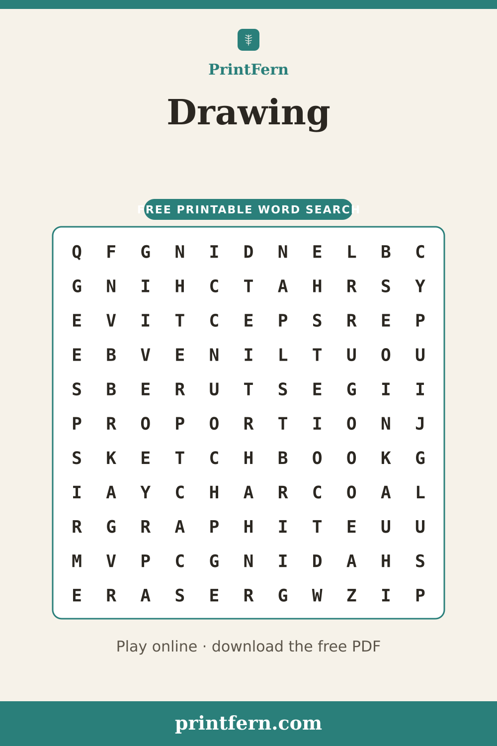 Drawing Word Search, free printable PDF preview