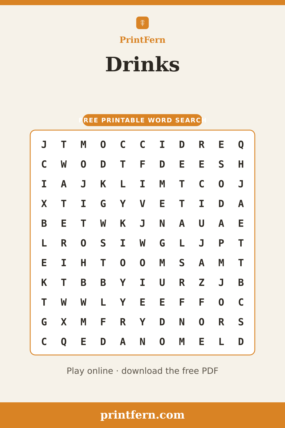 Drinks Word Search, free printable PDF preview