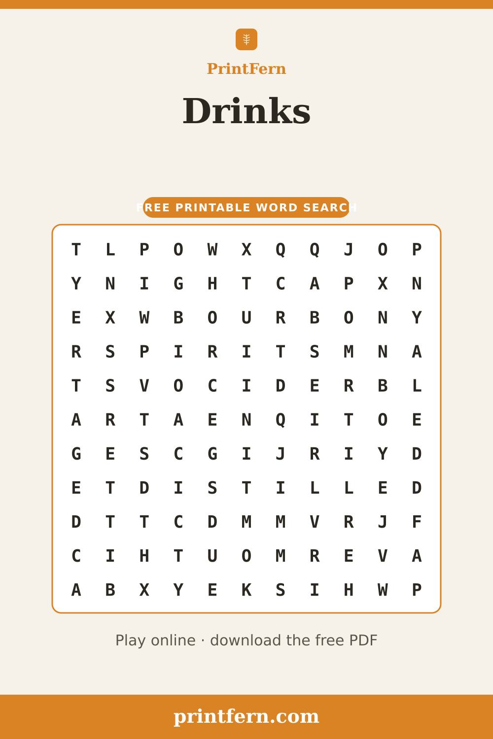 Drinks Word Search, free printable PDF preview