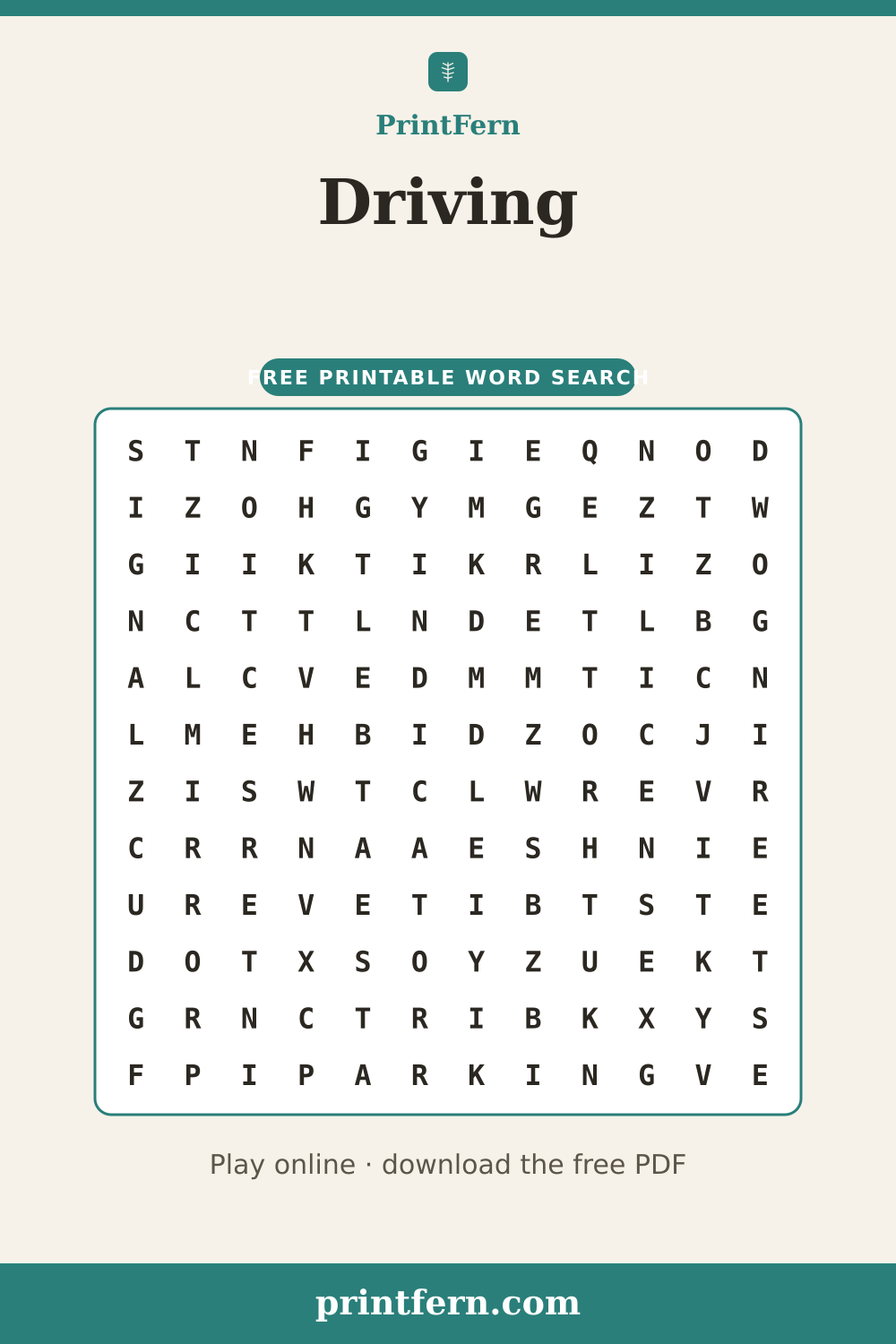 Driving Word Search, free printable PDF preview