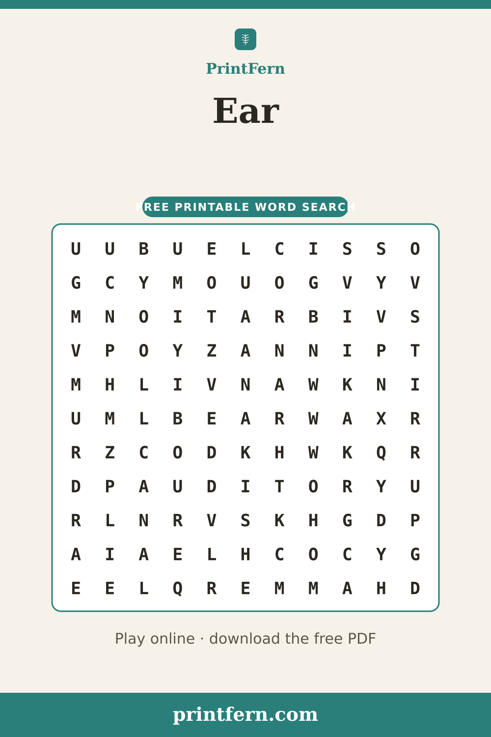Ear Word Search, free printable PDF preview