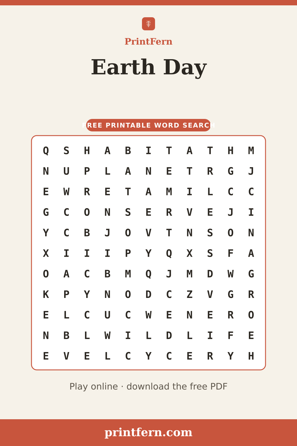 Earth Day Word Search, free printable PDF preview