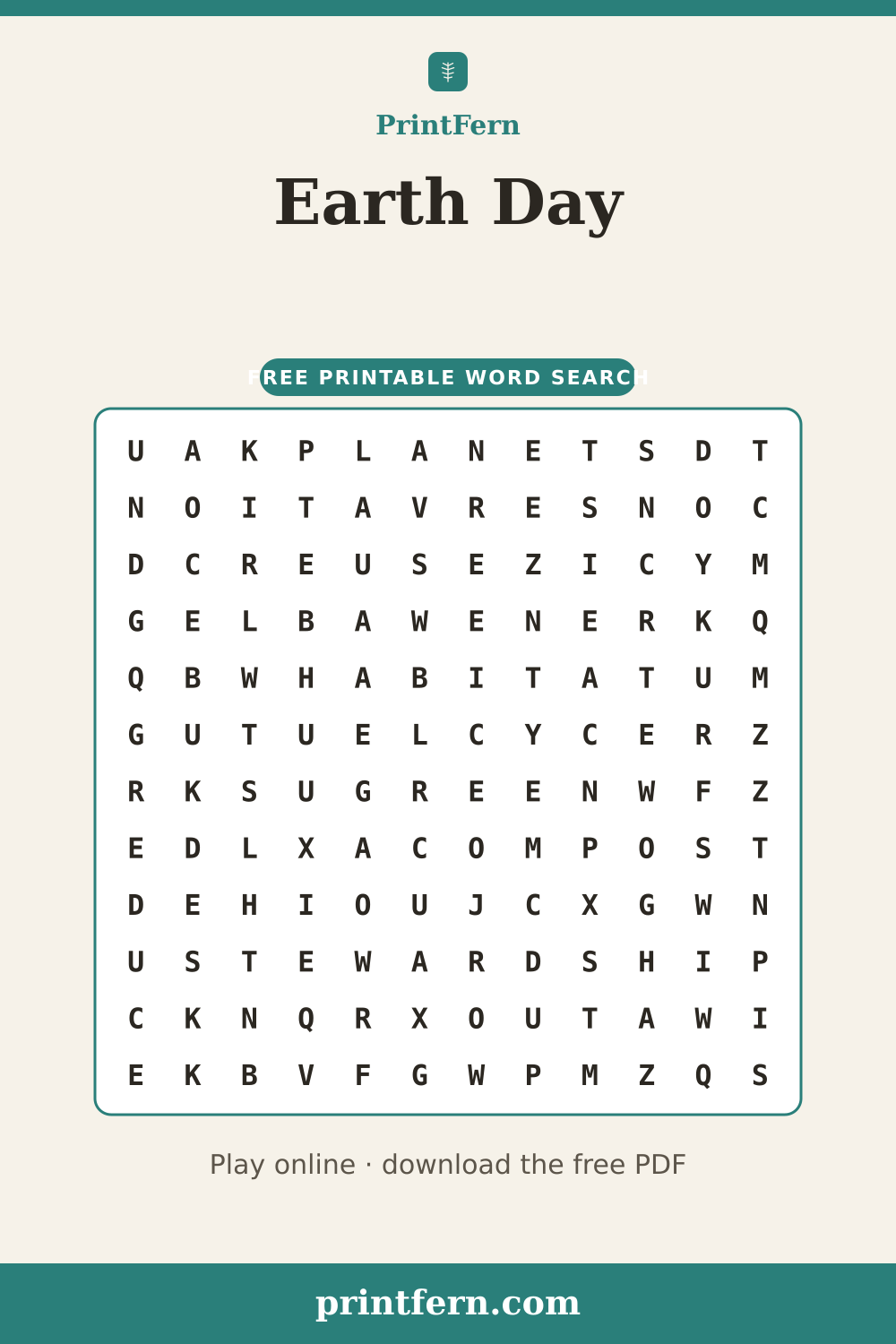 Earth Day Word Search, free printable PDF preview