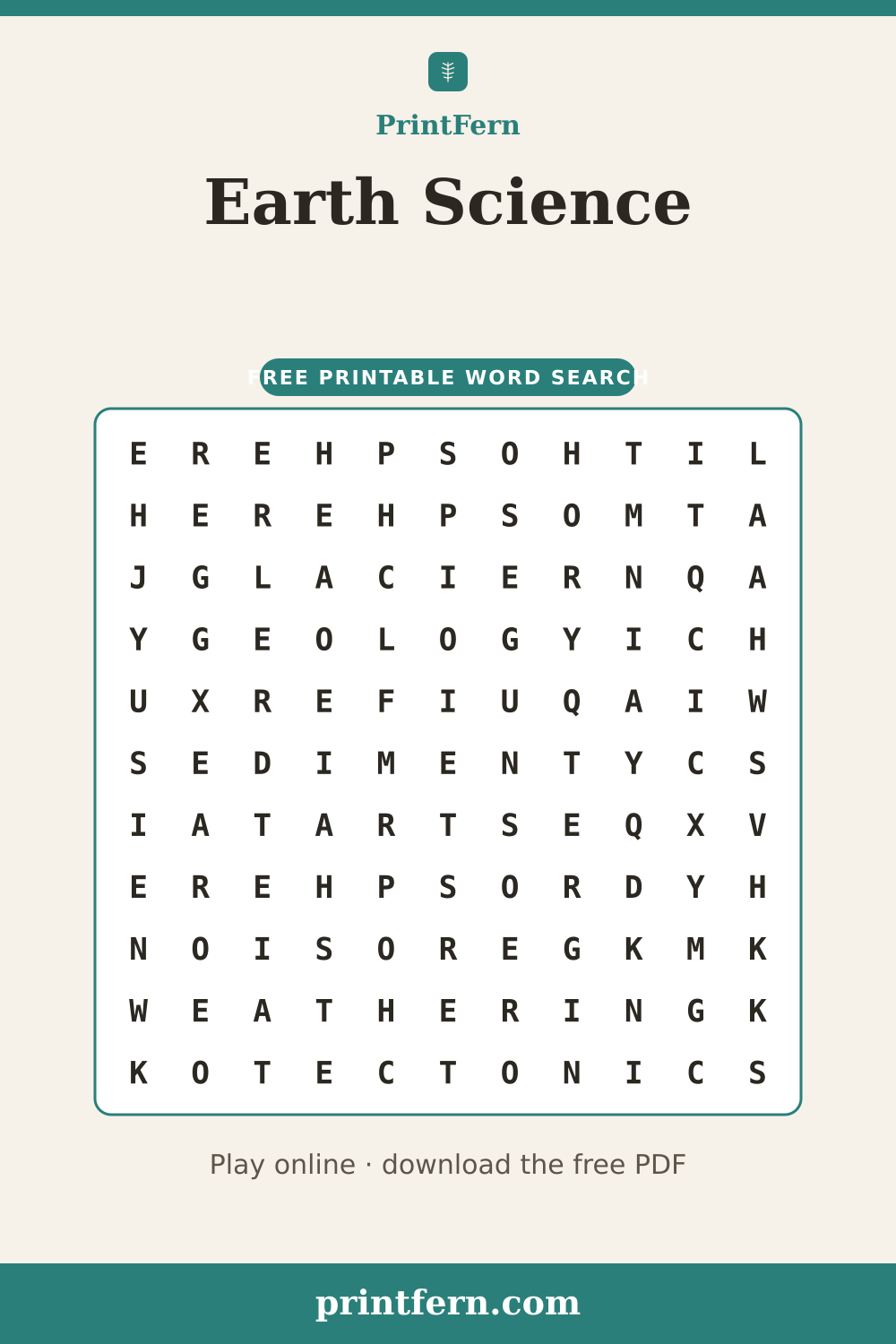 Earth Science Word Search, free printable PDF preview