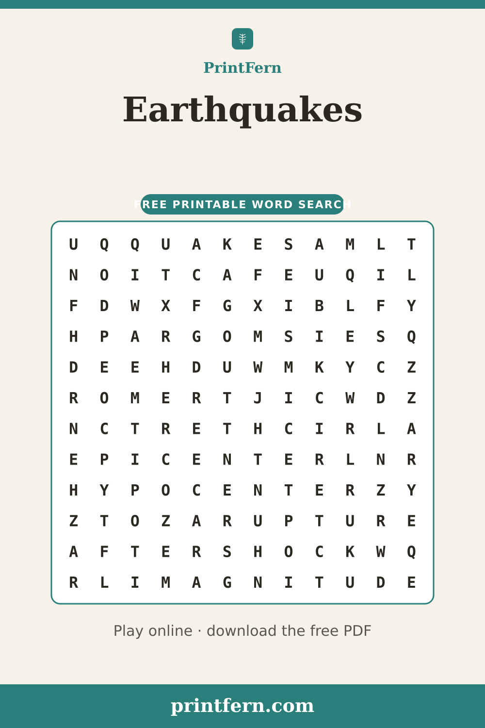 Earthquakes Word Search, free printable PDF preview