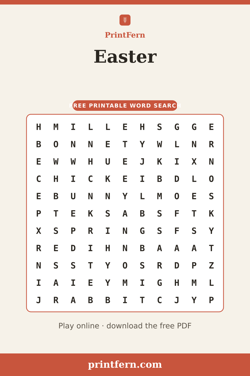 Easter Word Search, free printable PDF preview
