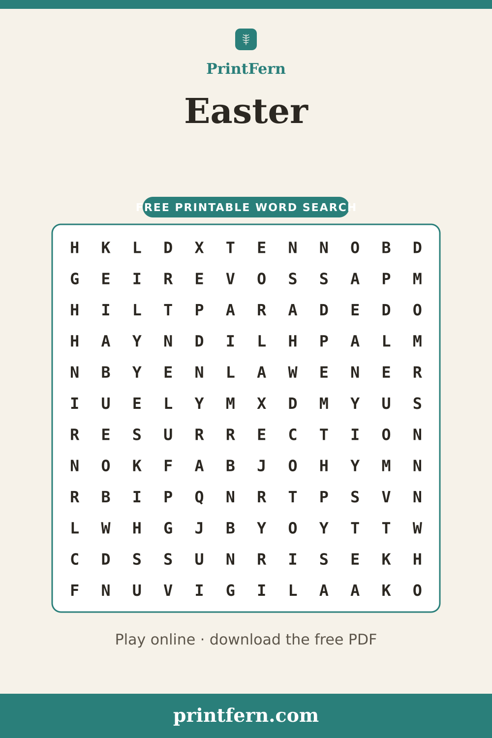 Easter Word Search, free printable PDF preview