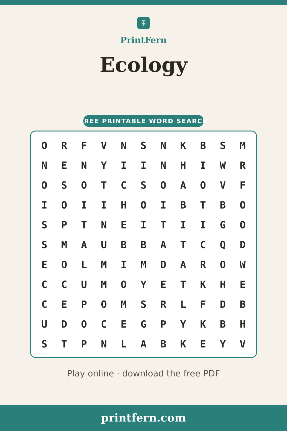 Ecology Word Search, free printable PDF preview