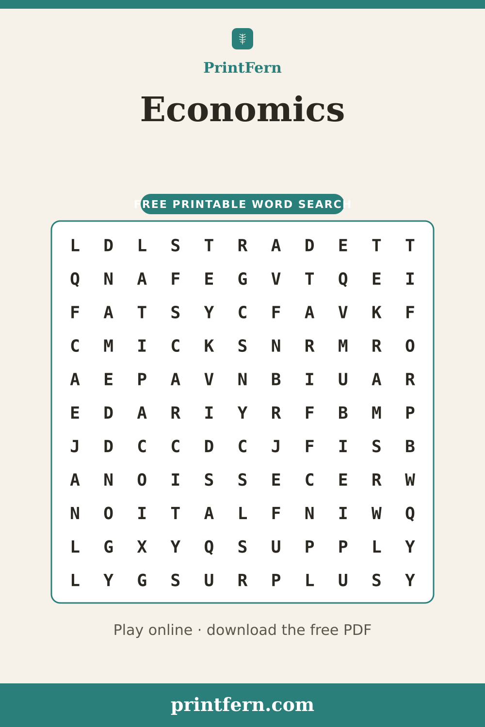 Economics Word Search, free printable PDF preview
