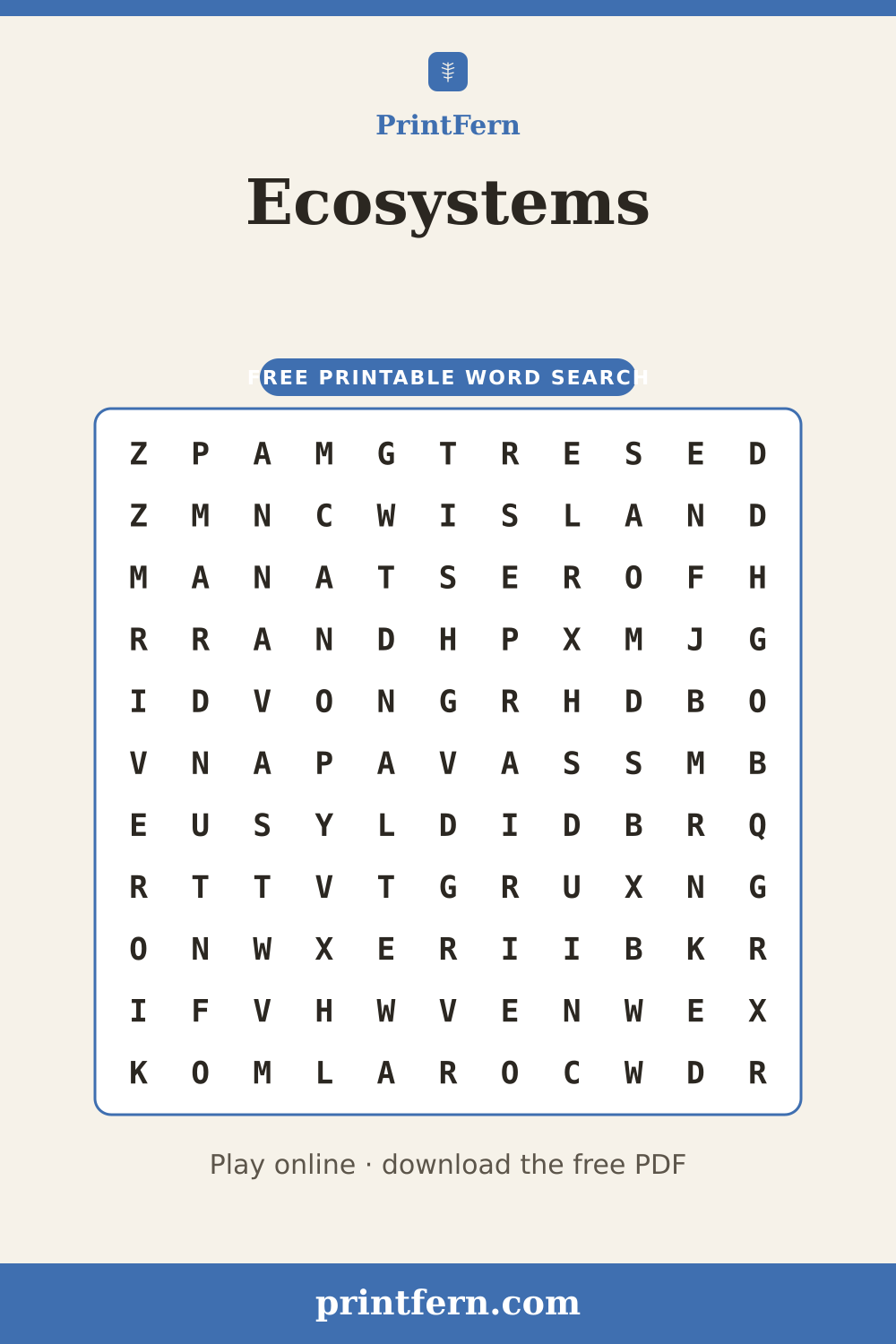 Ecosystems Word Search, free printable PDF preview