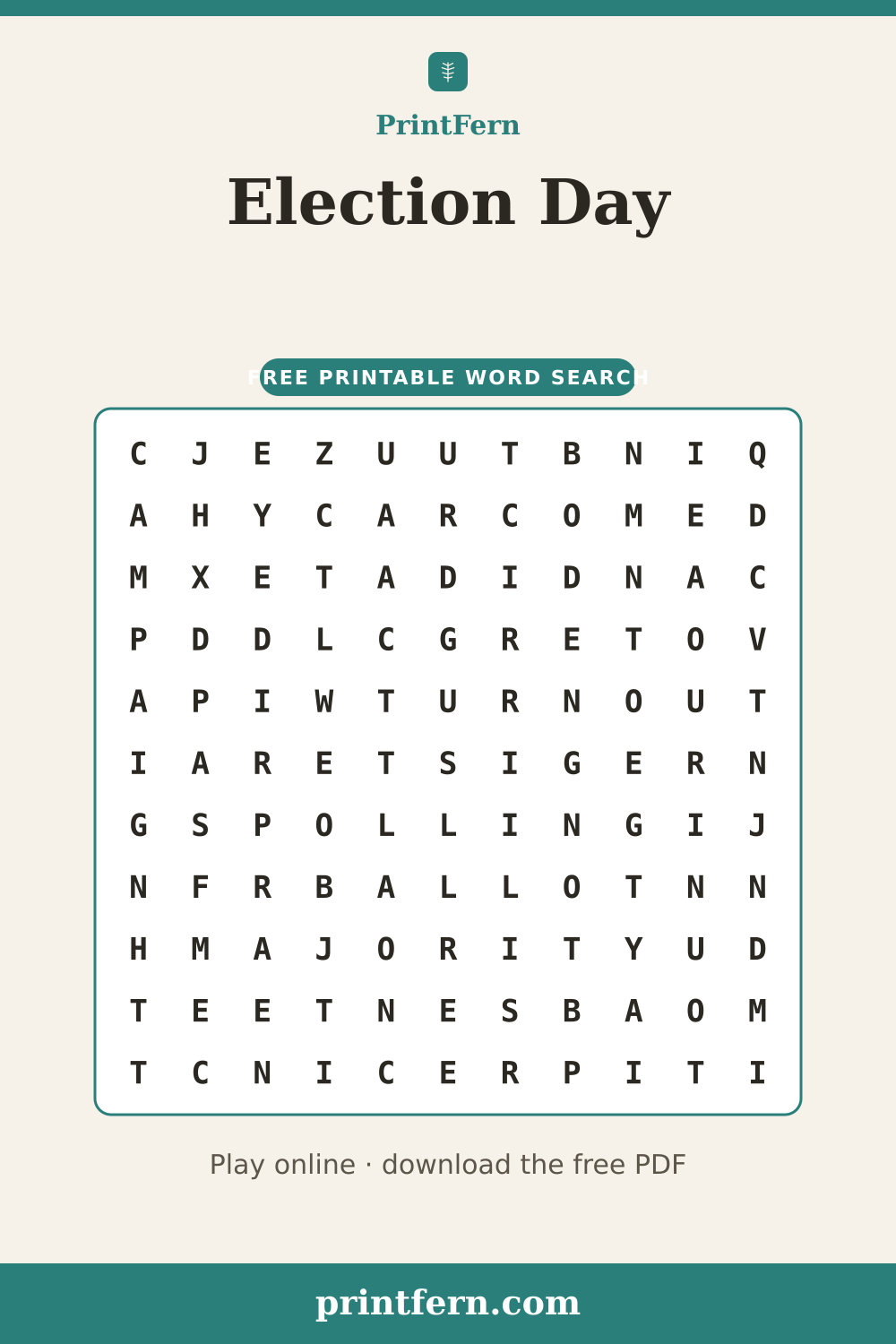 Election Day Word Search, free printable PDF preview