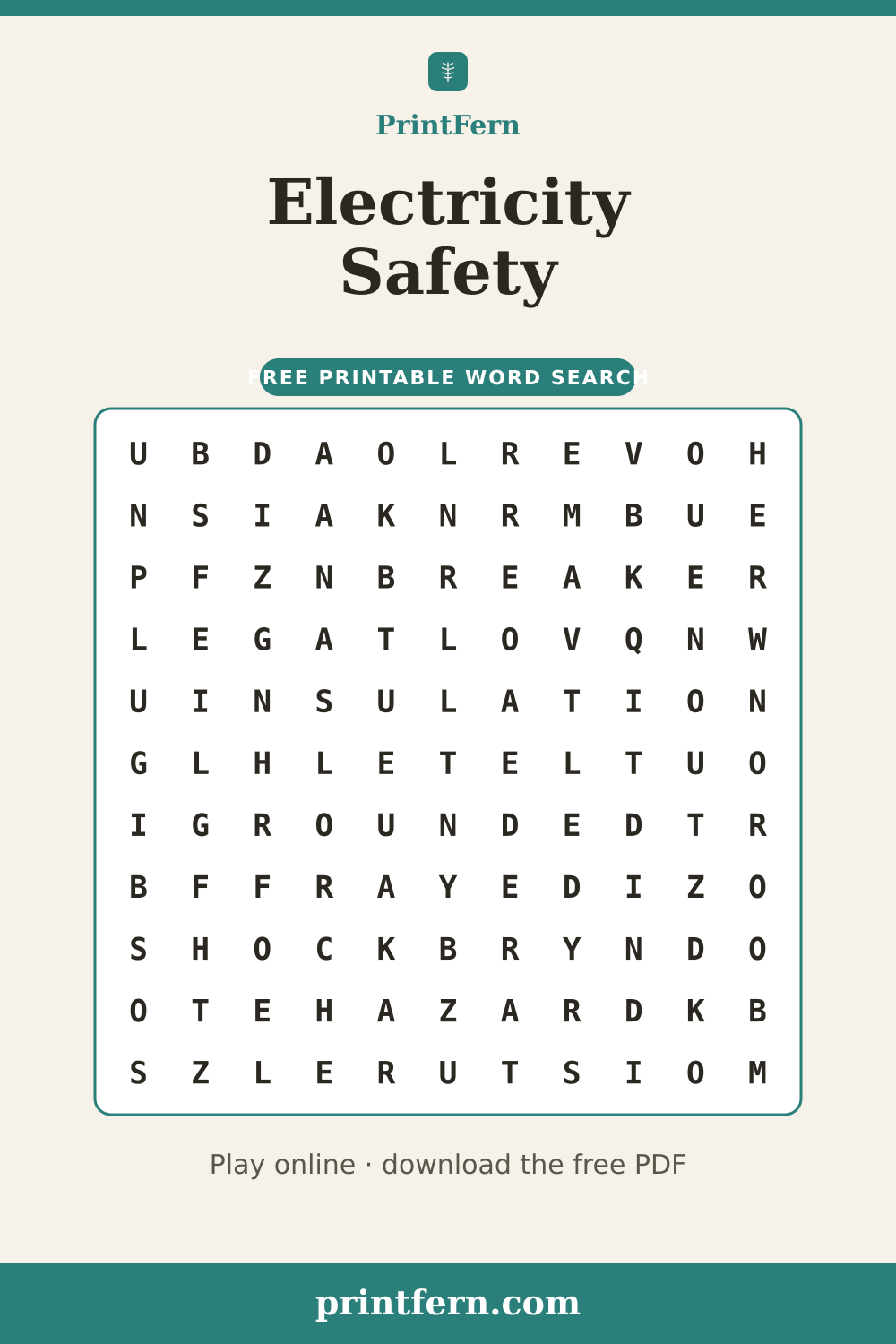 Electricity Safety Word Search, free printable PDF preview