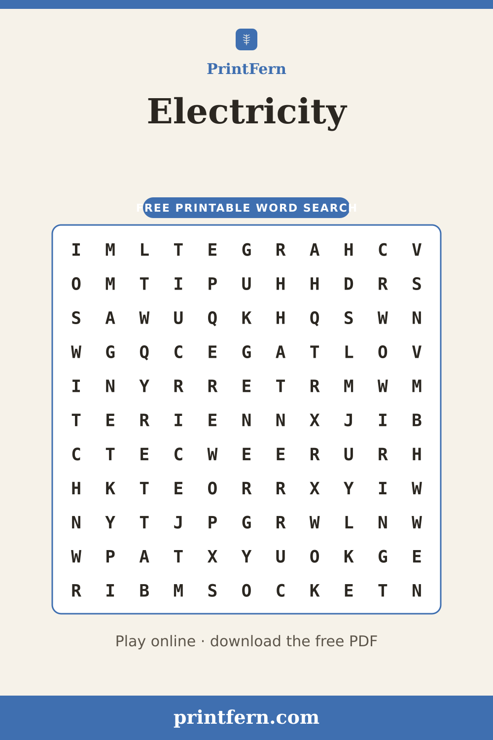 Electricity Word Search, free printable PDF preview