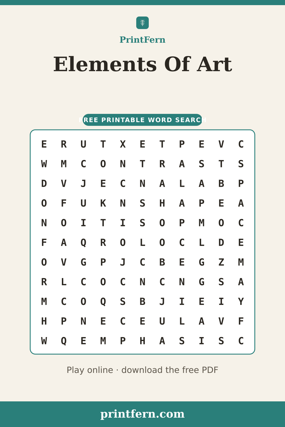 Elements Of Art Word Search, free printable PDF preview