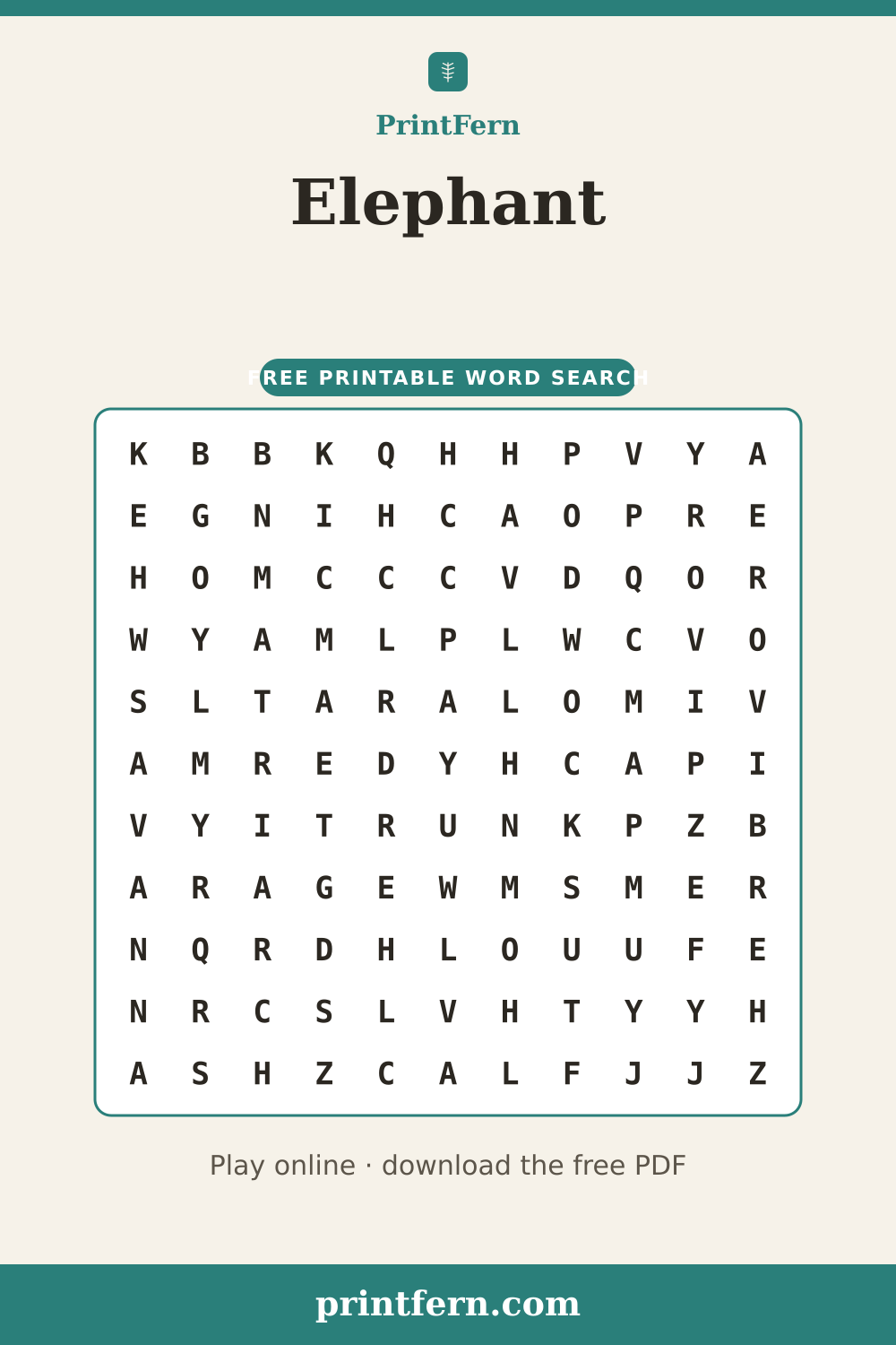 Elephant Word Search, free printable PDF preview